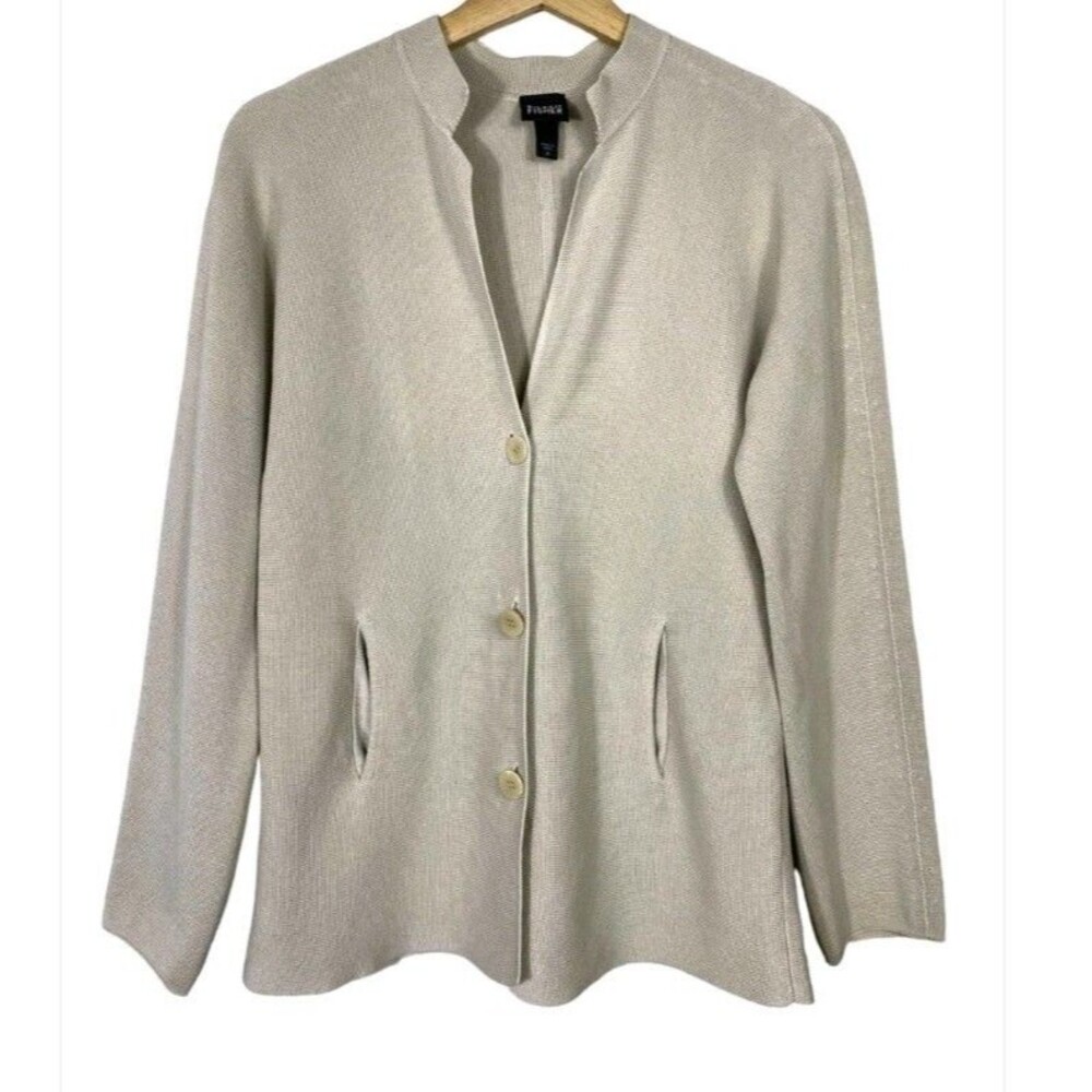 Eileen Fisher Silk Blend Beige Textured Knit Cardigan Sweater Size Petite S